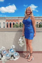 Striking Royal Blue Satin Sleeveless Homecoming Dress Adorned with Beads BM bride