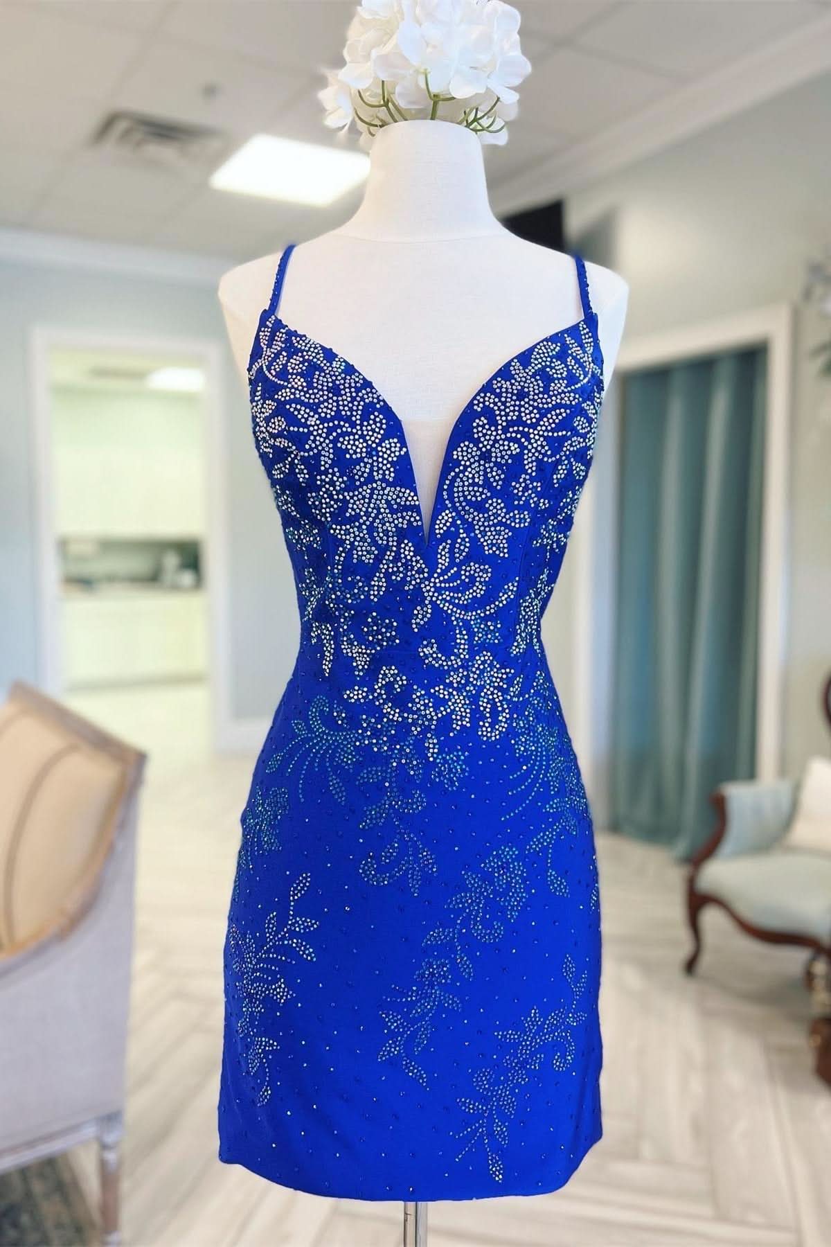 Royal Blue Beaded Plunge V Lace-Up Short Homecoming Dress BM bride