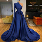 BMbride Royal Blue Long Sleeves One Shoulder A-line Split Prom Dresses BMbride