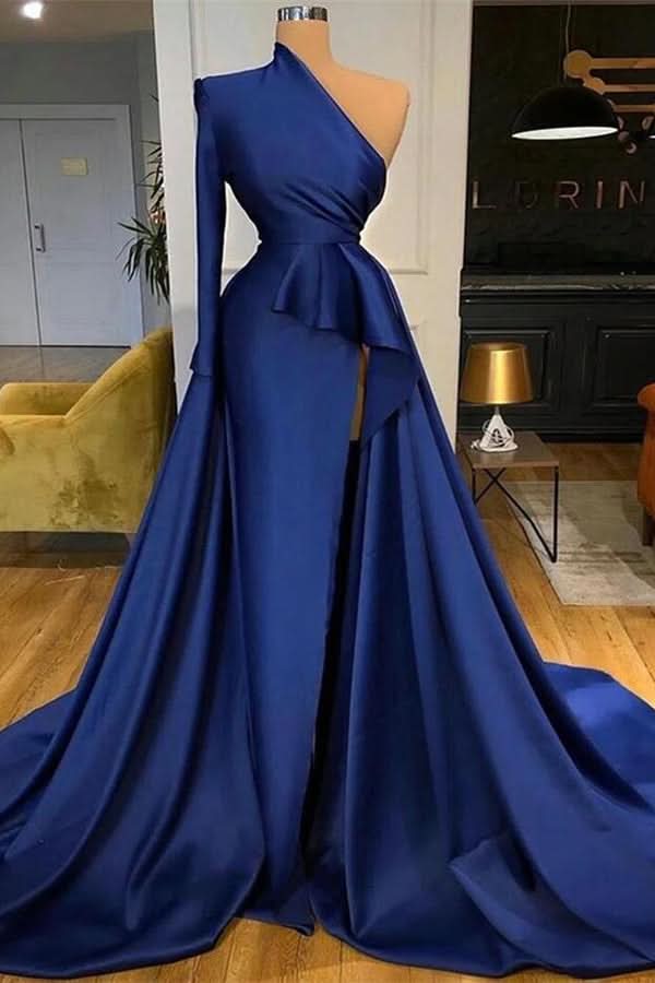 BMbride Royal Blue Long Sleeves One Shoulder A-line Split Prom Dresses BMbride