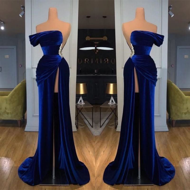 BMbride Royal Blue Off-the-shoulder Long Prom Evening Dress with Split BMbride