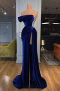 BMbride Royal Blue Off-the-shoulder Long Prom Evening Dress with Split BMbride