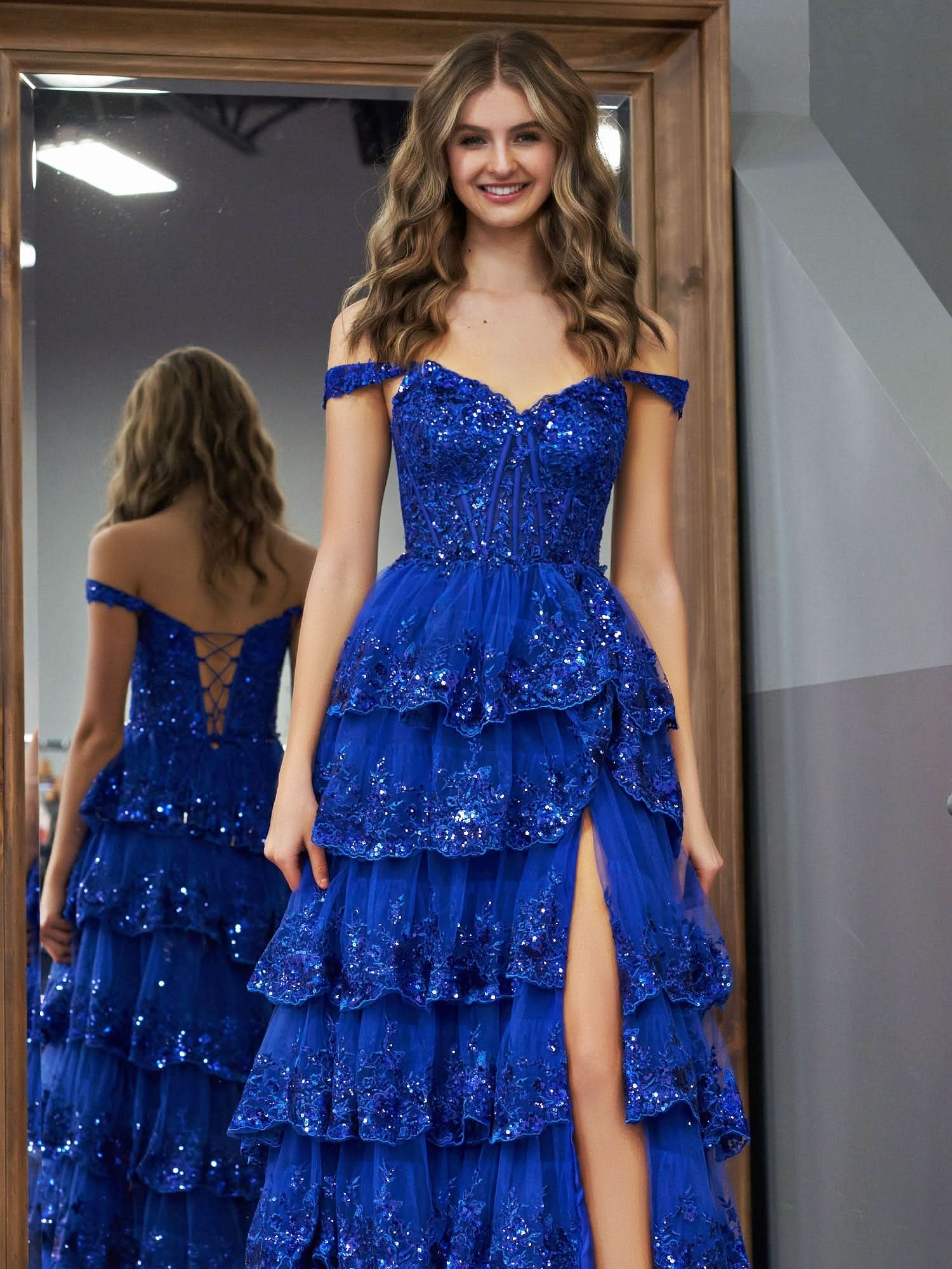 Regal Royal Blue Princess A-Line Off-the-Shoulder Corset Prom Dress with Lace Ruffles BM bride