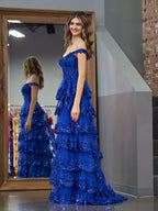 Regal Royal Blue Princess A-Line Off-the-Shoulder Corset Prom Dress with Lace Ruffles BM bride