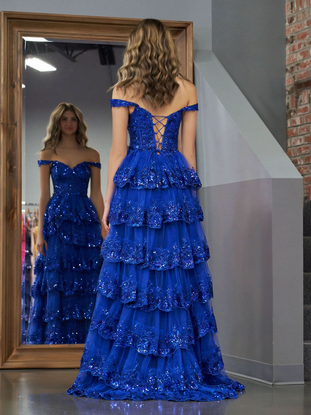 Regal Royal Blue Princess A-Line Off-the-Shoulder Corset Prom Dress with Lace Ruffles BM bride
