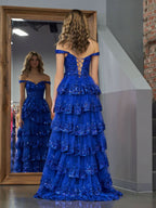 Regal Royal Blue Princess A-Line Off-the-Shoulder Corset Prom Dress with Lace Ruffles BM bride