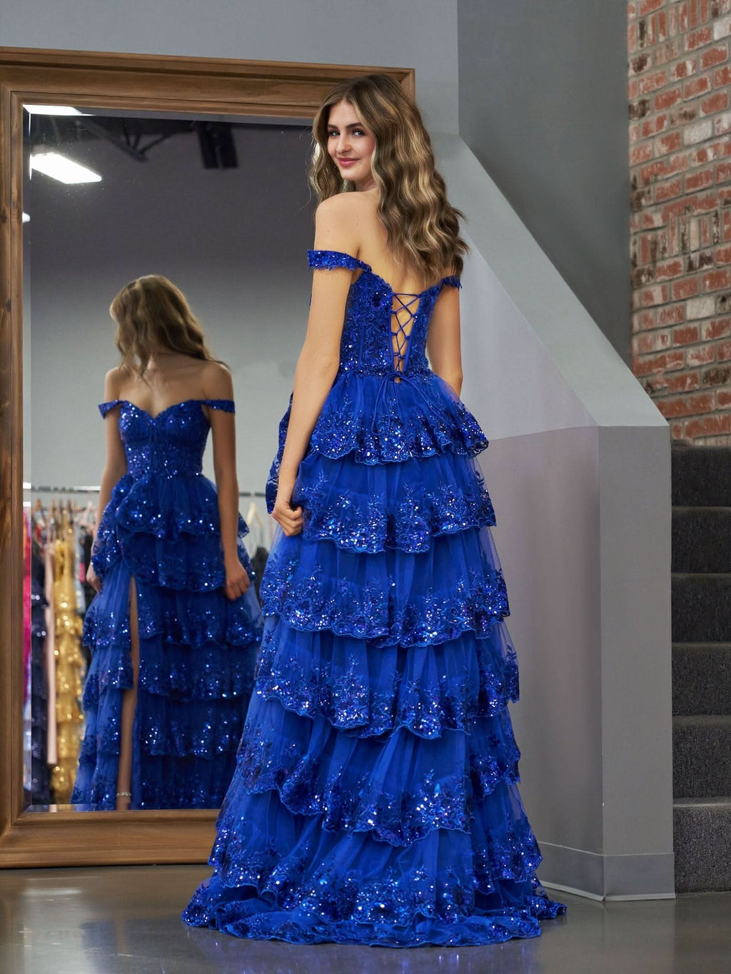 Regal Royal Blue Princess A-Line Off-the-Shoulder Corset Prom Dress with Lace Ruffles BM bride