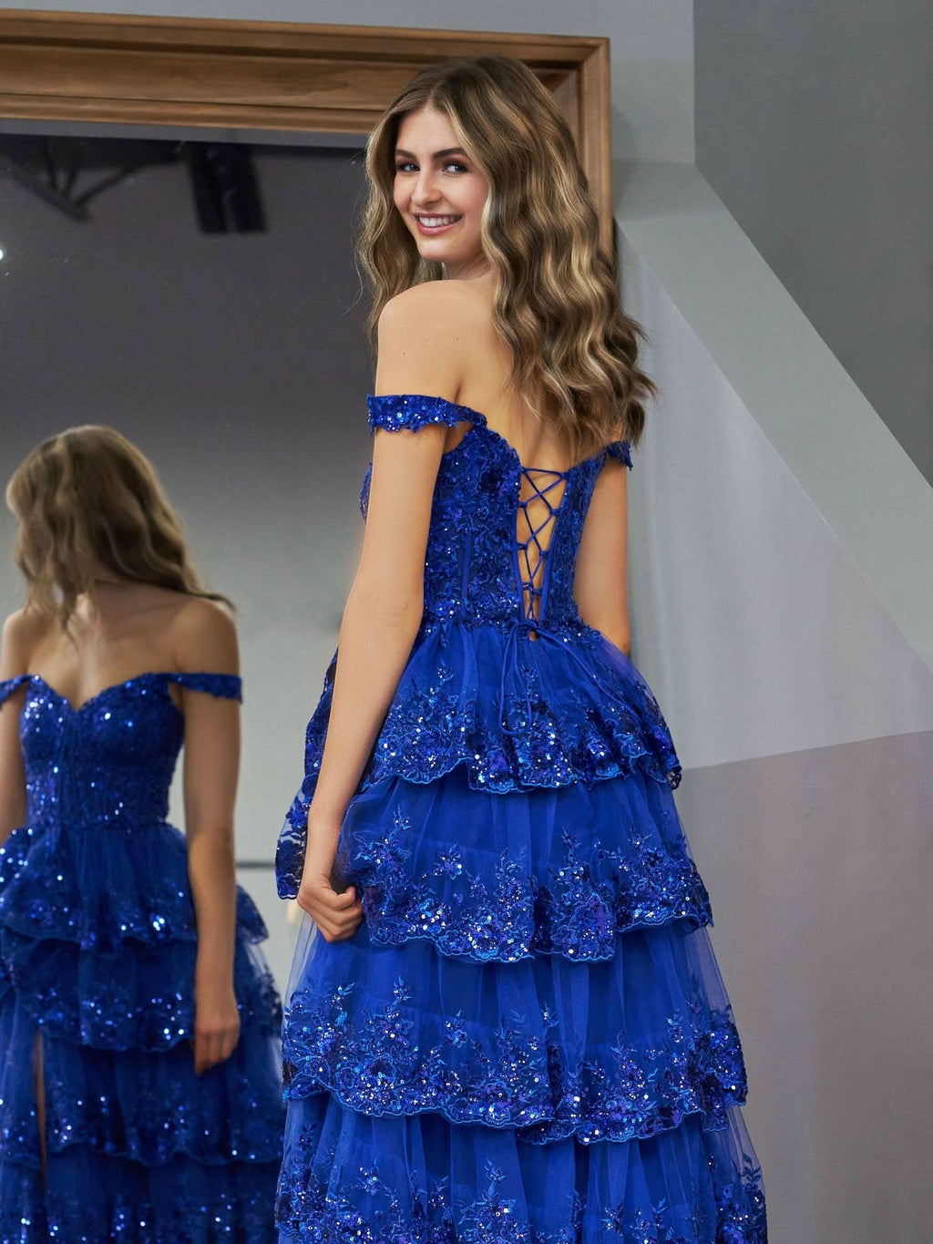 Regal Royal Blue Princess A-Line Off-the-Shoulder Corset Prom Dress with Lace Ruffles BM bride
