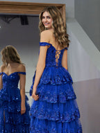 Regal Royal Blue Princess A-Line Off-the-Shoulder Corset Prom Dress with Lace Ruffles BM bride