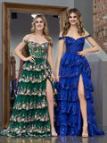 Regal Royal Blue Princess A-Line Off-the-Shoulder Corset Prom Dress with Lace Ruffles BM bride