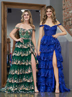 Regal Royal Blue Princess A-Line Off-the-Shoulder Corset Prom Dress with Lace Ruffles BM bride