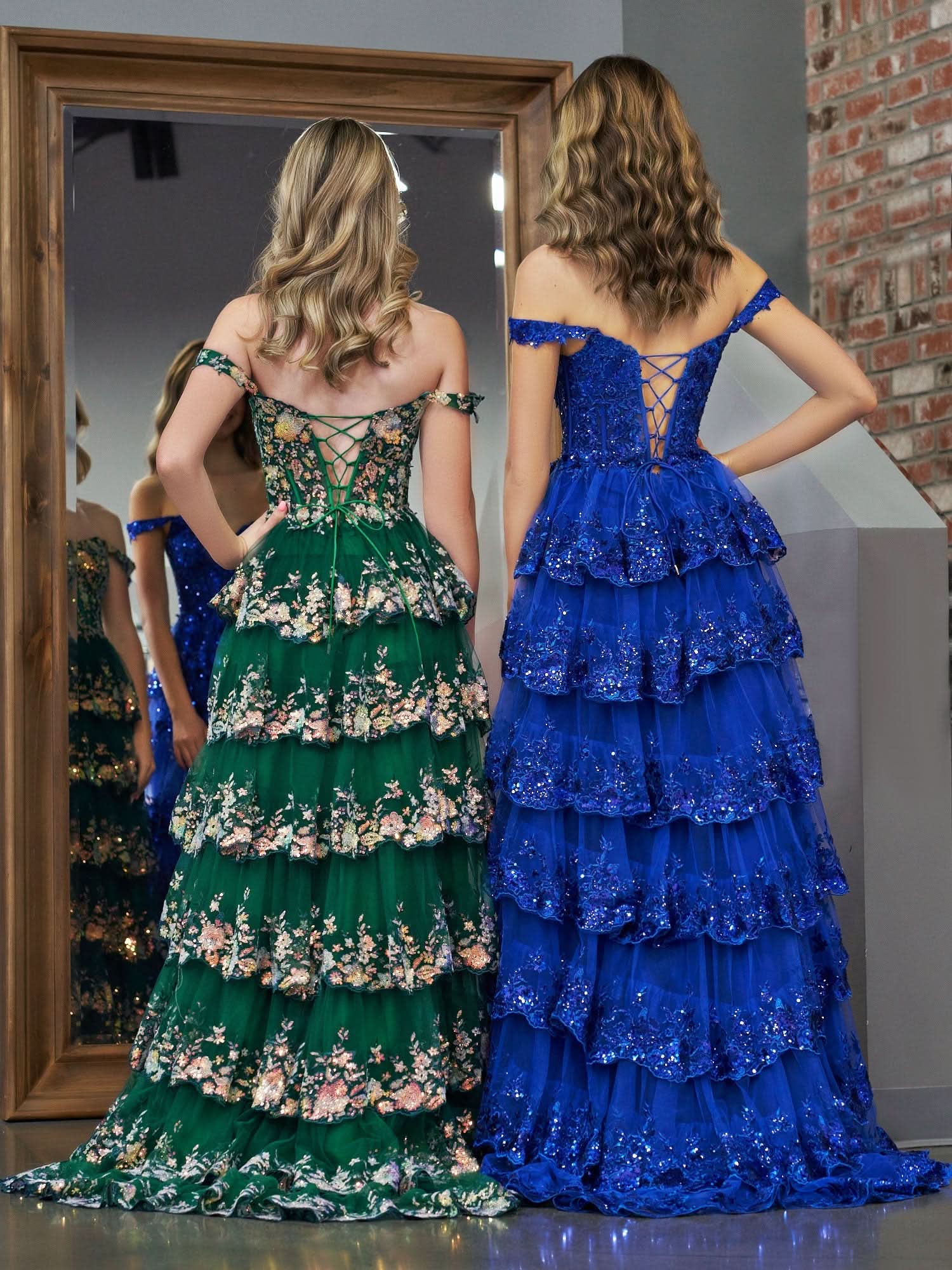 Regal Royal Blue Princess A-Line Off-the-Shoulder Corset Prom Dress with Lace Ruffles BM bride