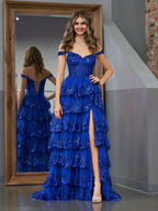 Regal Royal Blue Princess A-Line Off-the-Shoulder Corset Prom Dress with Lace Ruffles BM bride