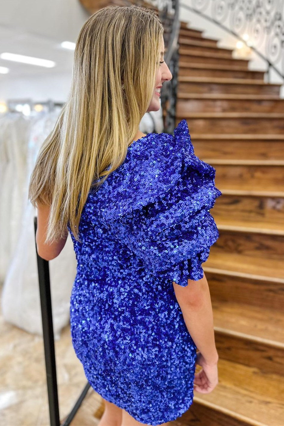 Stylish Sheath Royal Blue Sequin One-Shoulder Short Homecoming Dress BM bride