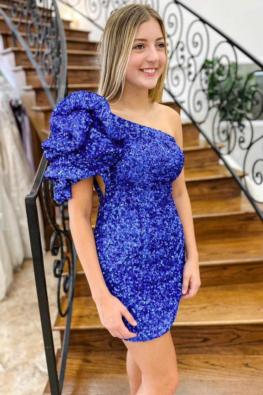 Stylish Sheath Royal Blue Sequin One-Shoulder Short Homecoming Dress BM bride