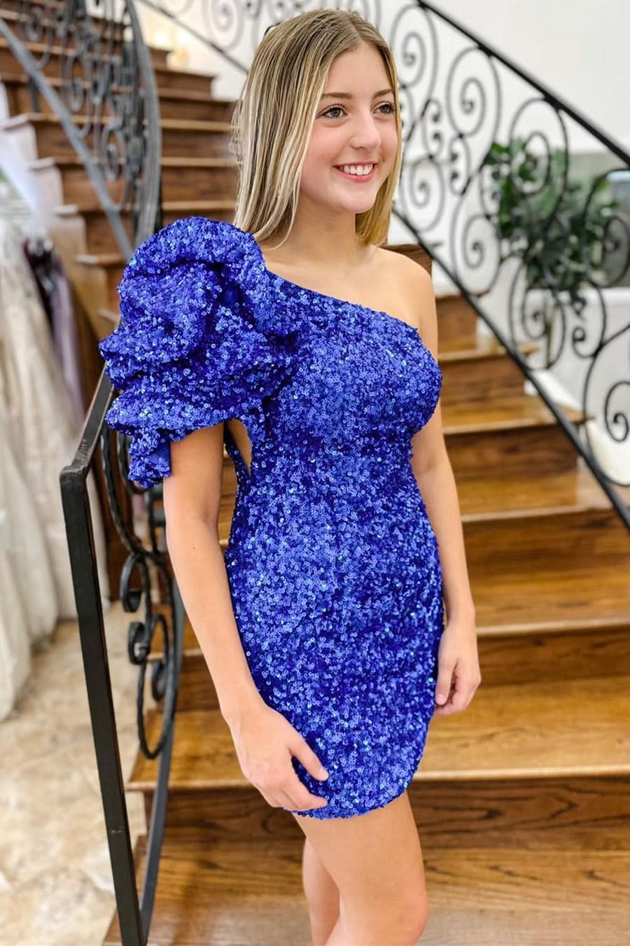 Stylish Sheath Royal Blue Sequin One-Shoulder Short Homecoming Dress BM bride