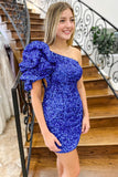Stylish Sheath Royal Blue Sequin One-Shoulder Short Homecoming Dress BM bride