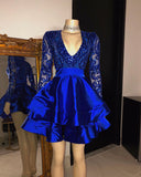 BMbride Royal Blue V-neck Long Sleeves Knee Length A-line Party Party Dresses BMbride