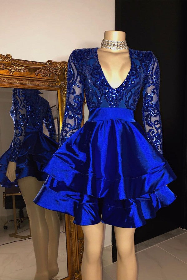 BMbride Royal Blue V-neck Long Sleeves Knee Length A-line Party Party Dresses BMbride