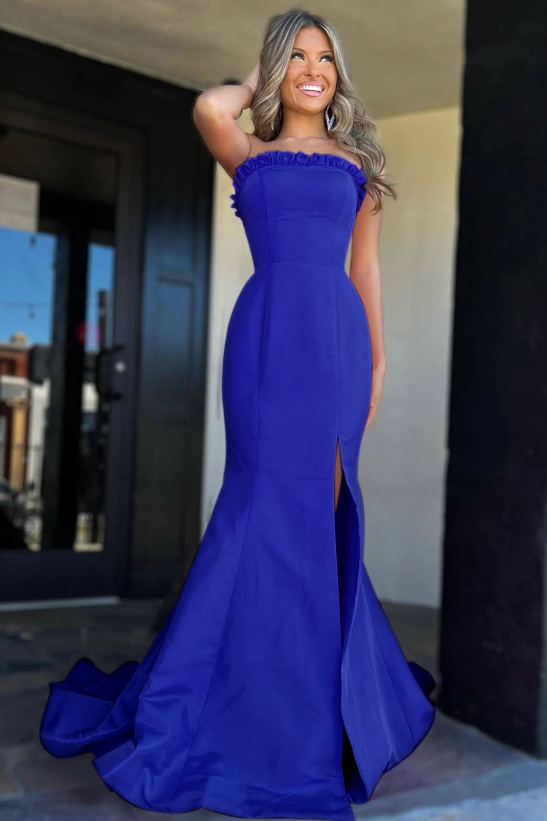Bold Strapless Magenta Ruffle Mermaid Slit Long Prom Dress BM bride
