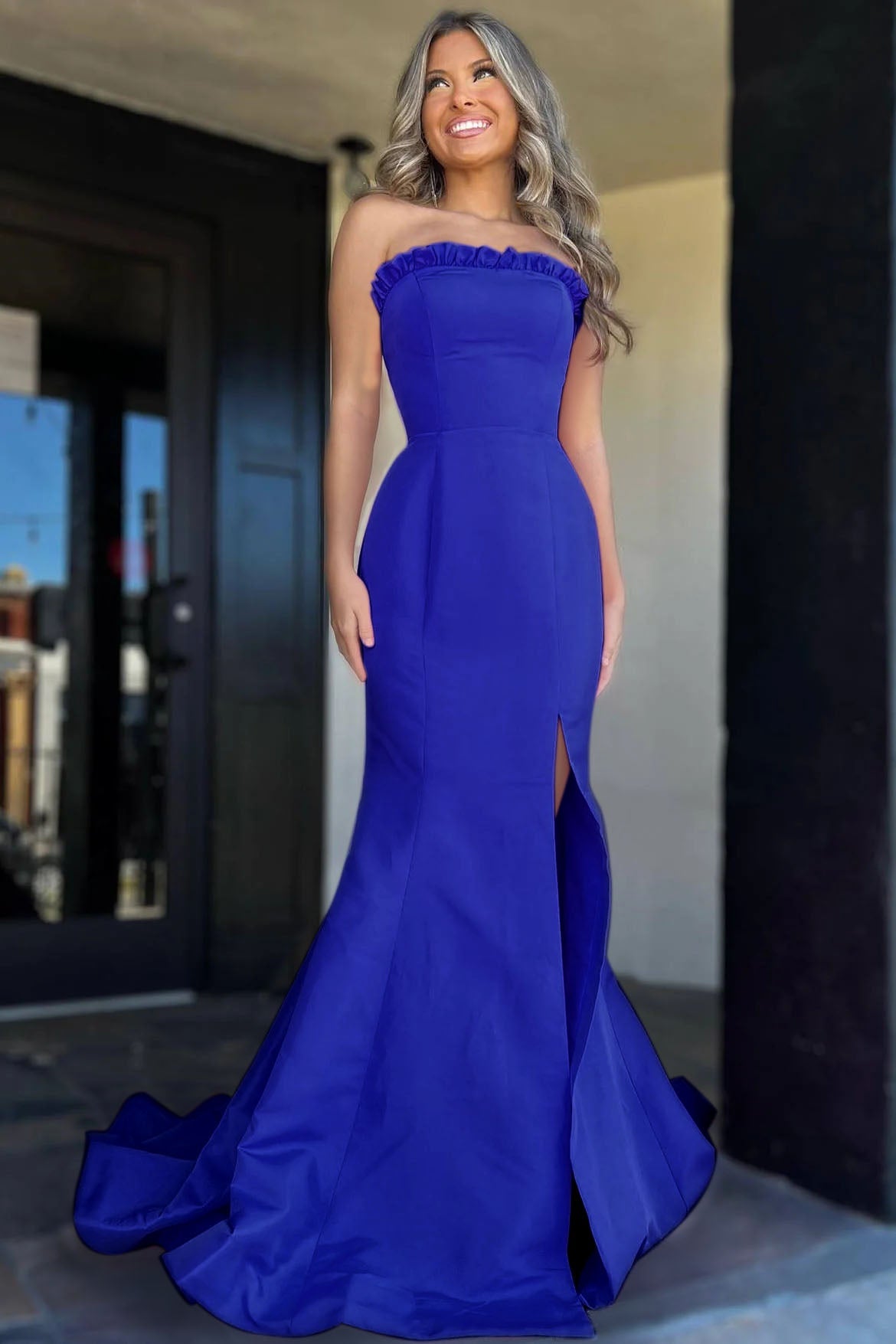 Bold Strapless Magenta Ruffle Mermaid Slit Long Prom Dress BM bride