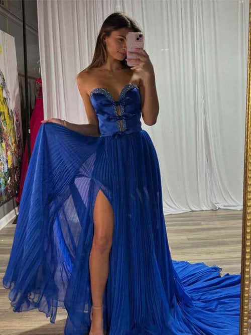 Royal Blue A-Line Strapless Bows Long Prom Dress with Slit BMBRIDE