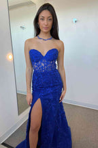 Glamorous Mermaid Strapless Corset Lace Prom Dress Featuring a Sultry Slit BM bride