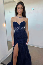 Glamorous Mermaid Strapless Corset Lace Prom Dress Featuring a Sultry Slit BM bride