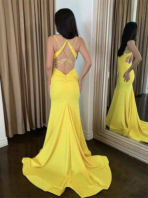 Yellow Mermaid Spaghetti Straps Satin Long Prom Dress BMBRIDE