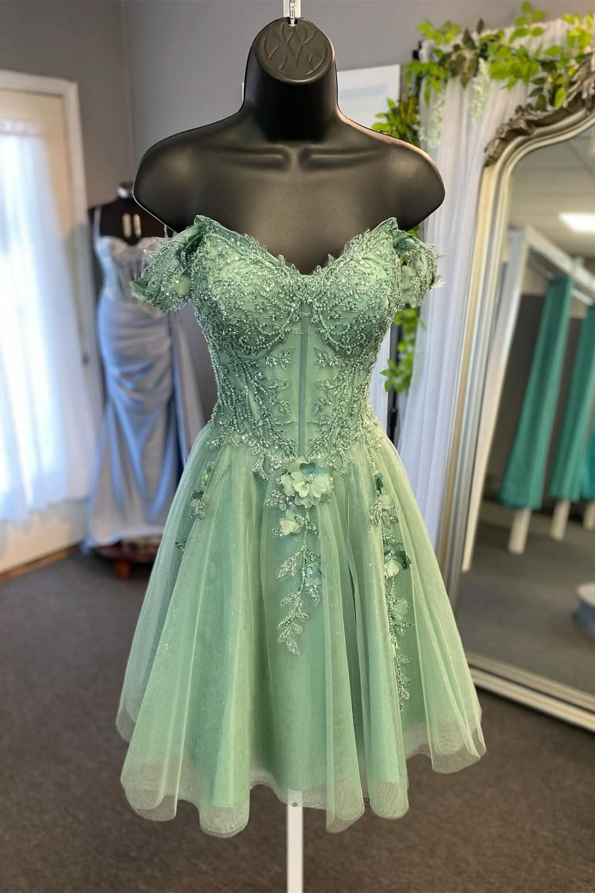 Off-the-Shoulder Beaded Applique A-Line Mini Dress in Sage Green BM bride