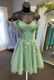 Off-the-Shoulder Beaded Applique A-Line Mini Dress in Sage Green BM bride