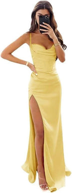 Satin Prom Dresses for Women Long 2025 Spaghetti Straps Mermaid Formal Evening Party Gown with Slit - Bmbride
