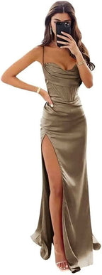 Satin Prom Dresses for Women Long 2025 Spaghetti Straps Mermaid Formal Evening Party Gown with Slit - Bmbride
