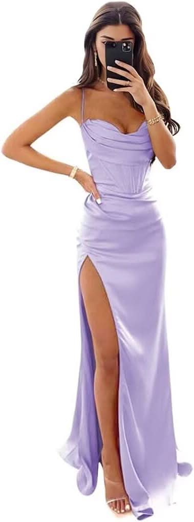 Satin Prom Dresses for Women Long 2025 Spaghetti Straps Mermaid Formal Evening Party Gown with Slit - Bmbride