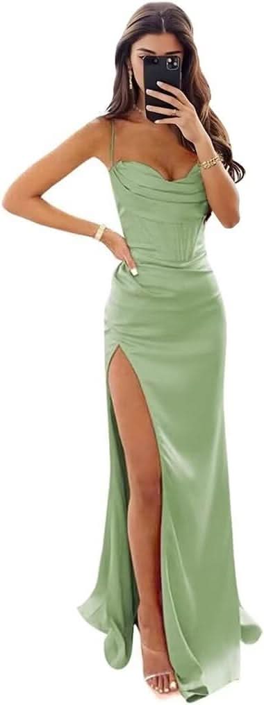 Satin Prom Dresses for Women Long 2025 Spaghetti Straps Mermaid Formal Evening Party Gown with Slit - Bmbride