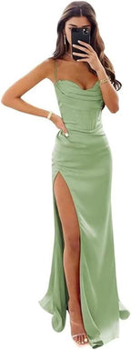 Satin Prom Dresses for Women Long 2025 Spaghetti Straps Mermaid Formal Evening Party Gown with Slit - Bmbride