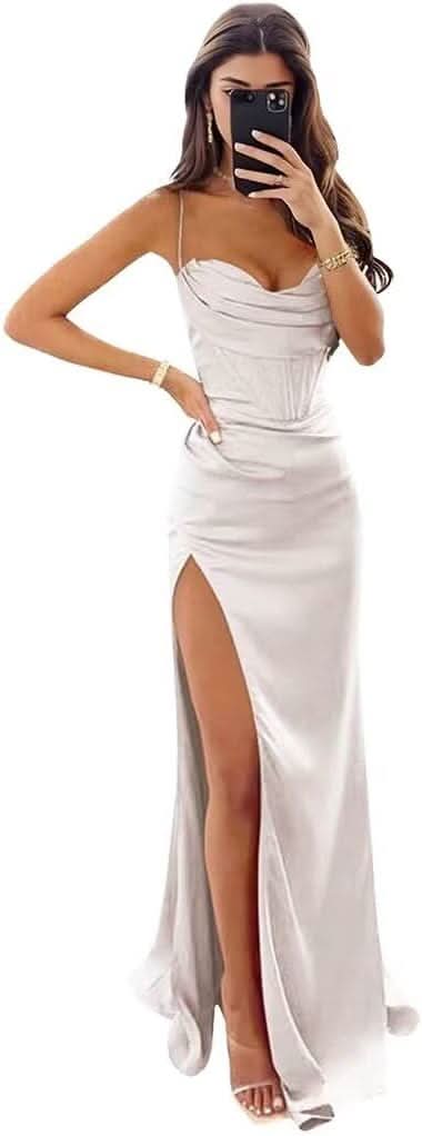 Satin Prom Dresses for Women Long 2025 Spaghetti Straps Mermaid Formal Evening Party Gown with Slit - Bmbride