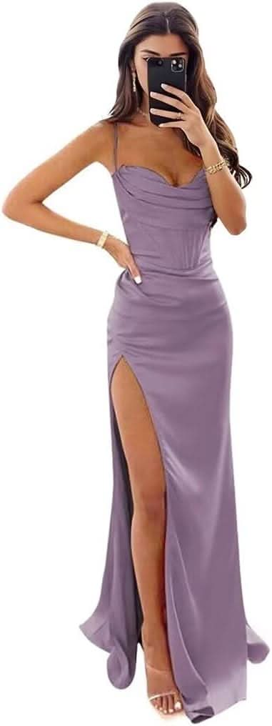 Satin Prom Dresses for Women Long 2025 Spaghetti Straps Mermaid Formal Evening Party Gown with Slit - Bmbride