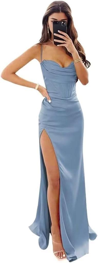Satin Prom Dresses for Women Long 2025 Spaghetti Straps Mermaid Formal Evening Party Gown with Slit - Bmbride