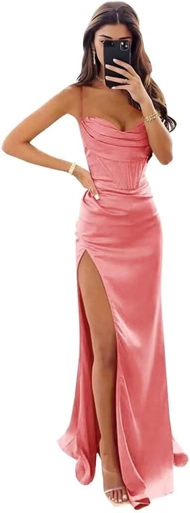 Satin Prom Dresses for Women Long 2025 Spaghetti Straps Mermaid Formal Evening Party Gown with Slit - Bmbride