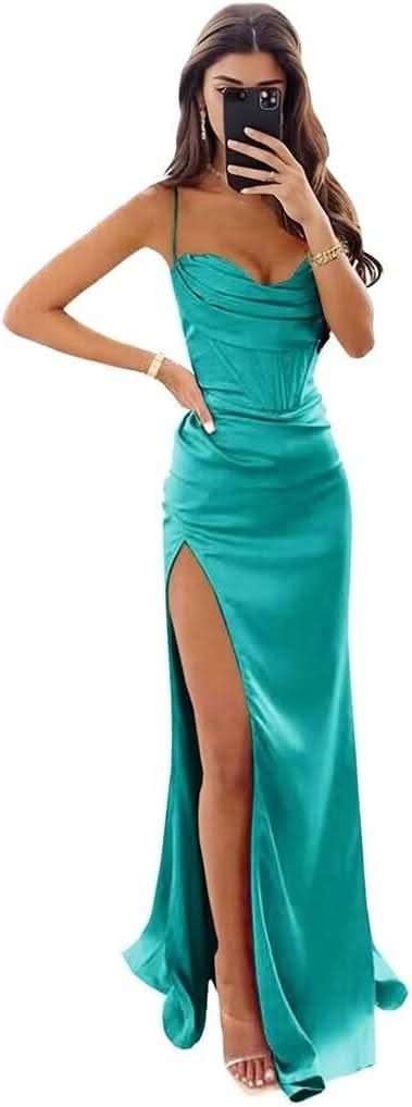 Satin Prom Dresses for Women Long 2025 Spaghetti Straps Mermaid Formal Evening Party Gown with Slit - Bmbride