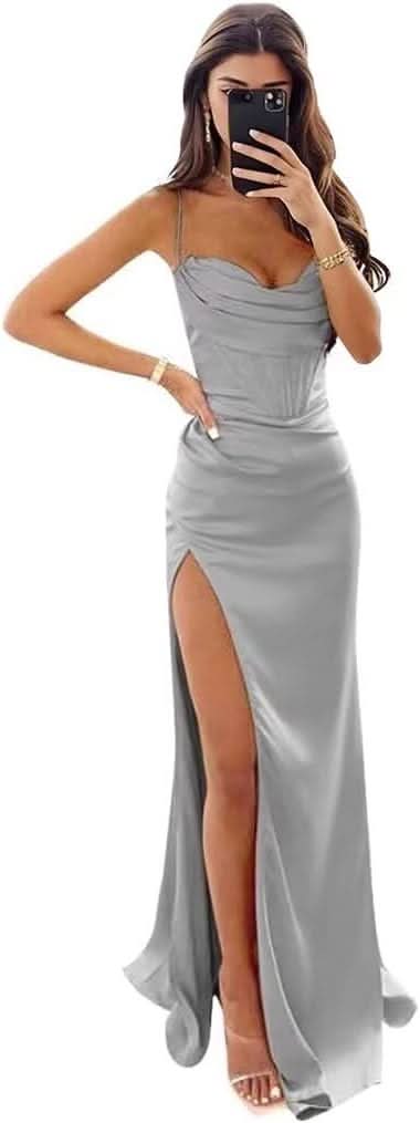 Satin Prom Dresses for Women Long 2025 Spaghetti Straps Mermaid Formal Evening Party Gown with Slit - Bmbride