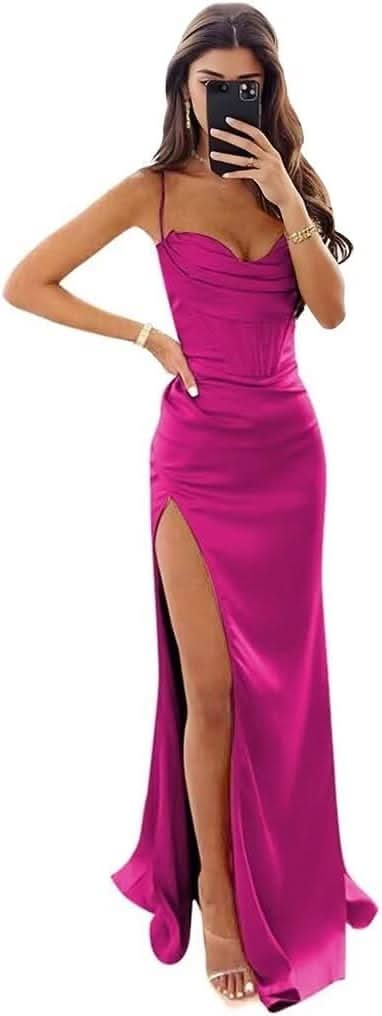 Satin Prom Dresses for Women Long 2025 Spaghetti Straps Mermaid Formal Evening Party Gown with Slit - Bmbride