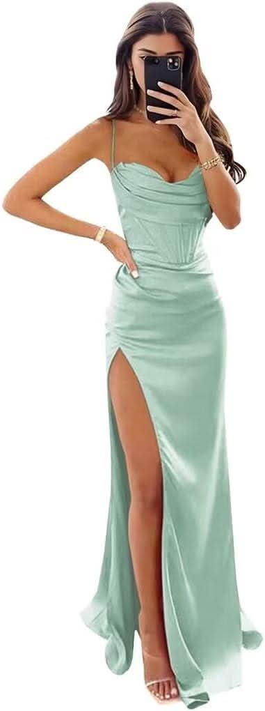 Satin Prom Dresses for Women Long 2025 Spaghetti Straps Mermaid Formal Evening Party Gown with Slit - Bmbride