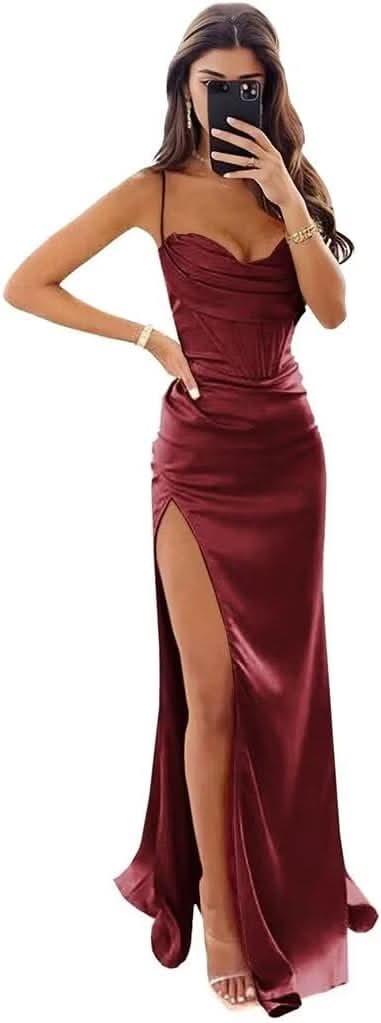 Satin Prom Dresses for Women Long 2025 Spaghetti Straps Mermaid Formal Evening Party Gown with Slit - Bmbride