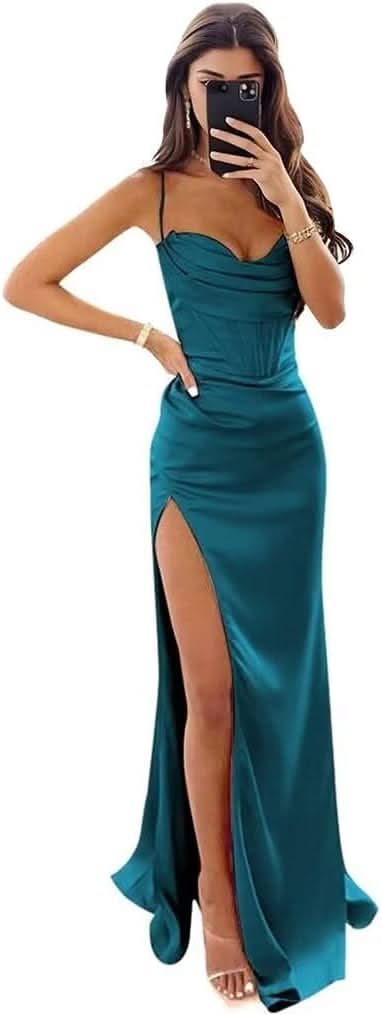 Satin Prom Dresses for Women Long 2025 Spaghetti Straps Mermaid Formal Evening Party Gown with Slit - Bmbride