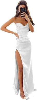 Satin Prom Dresses for Women Long 2025 Spaghetti Straps Mermaid Formal Evening Party Gown with Slit - Bmbride