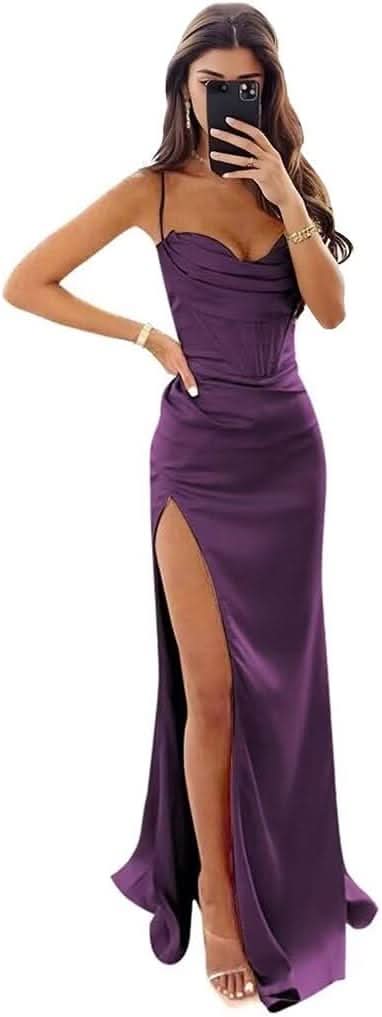 Satin Prom Dresses for Women Long 2025 Spaghetti Straps Mermaid Formal Evening Party Gown with Slit - Bmbride