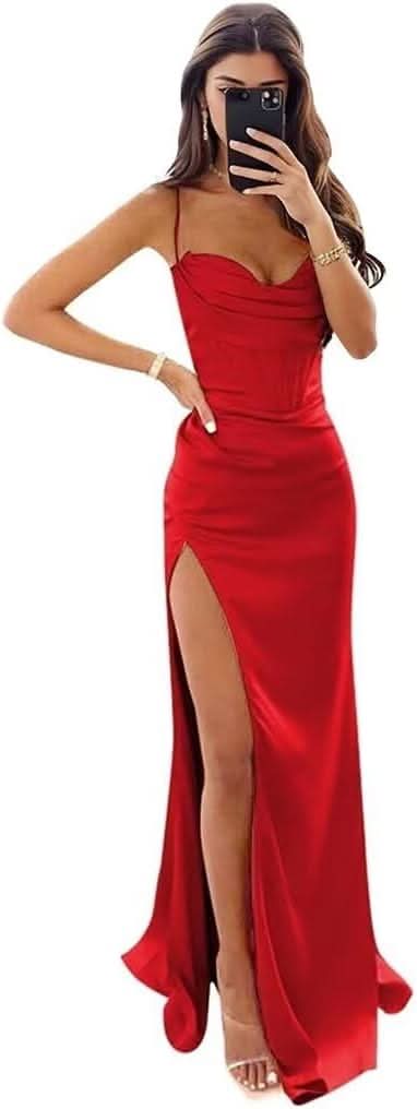 Satin Prom Dresses for Women Long 2025 Spaghetti Straps Mermaid Formal Evening Party Gown with Slit - Bmbride