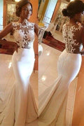 BMbride Satin Sweep Train Lace Scoop Sleeveless Sexy Mermaid Wedding Dresses BMbride